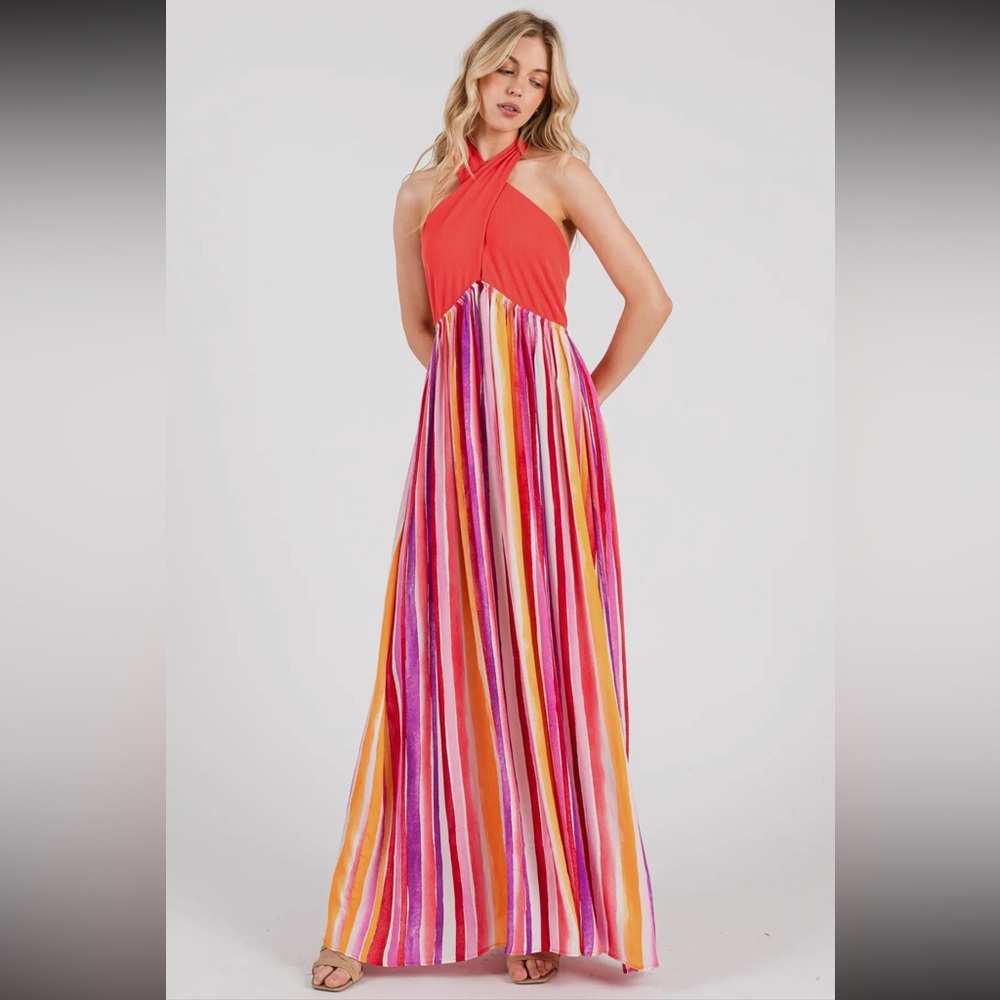 Elegant Multicolor Halter Maxi Dress